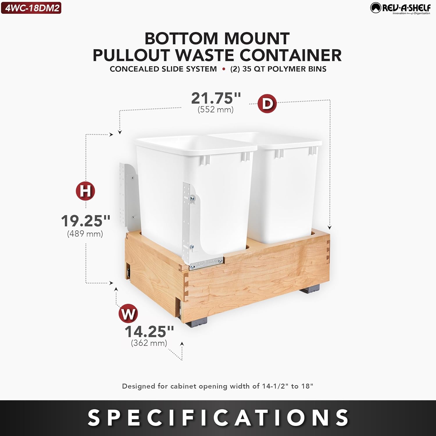 Rev-A-Shelf 35 Qt Bottom Mount Double Pullout Under Cabinet Kitchen Trash Cans for Base Cabinets, 150 Pound Rated Full-Extension Slides, Min Opening Width of 14.5