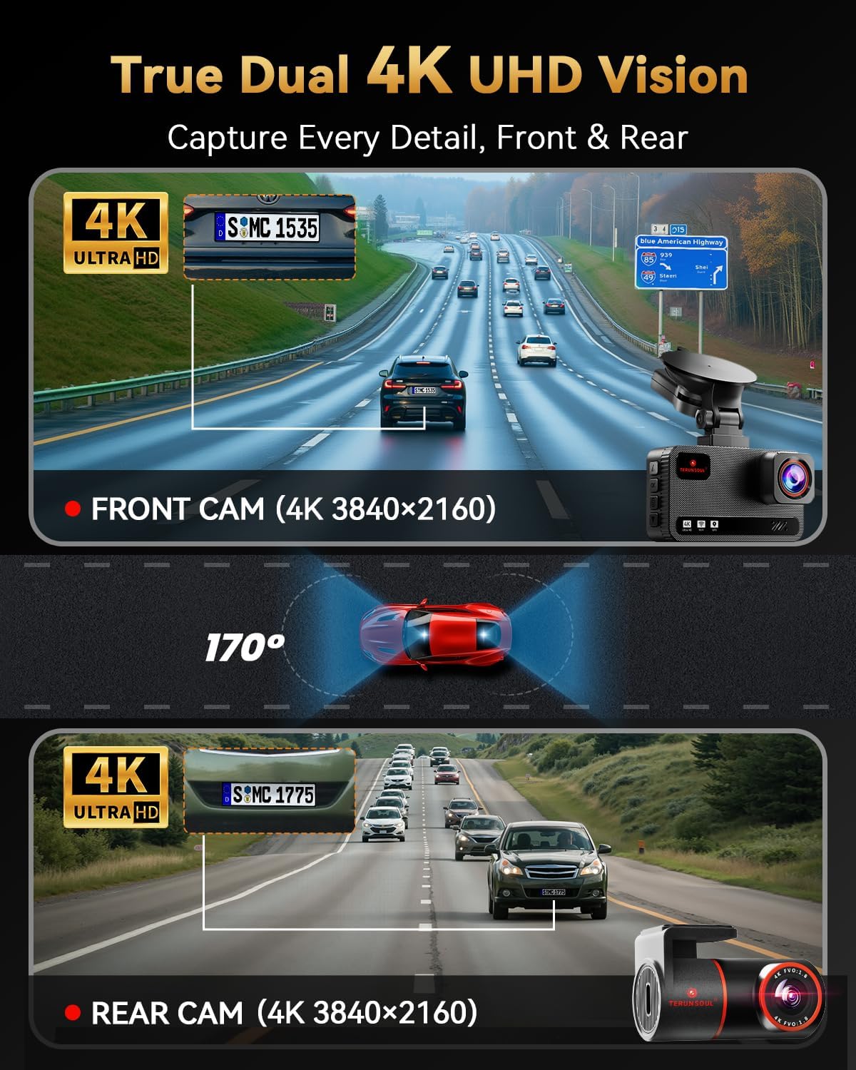 4K+4K Dash Cam Front and Rear, Free 128GB Card Included, 5.8GHz WiFi Dash Camera for Cars, Built-in GPS, G-Sensor, 170°Wide Angle, 3