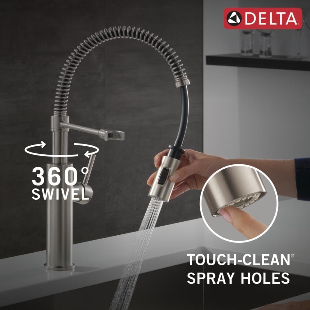 Delta Antoni Pro Style Commercial Kitchen Faucet with Pull Down Sprayer, Brushed Nickel Single Hole Kitchen Sink Faucet, Single Handle, Spotshield Stainless 18803-SP-DST