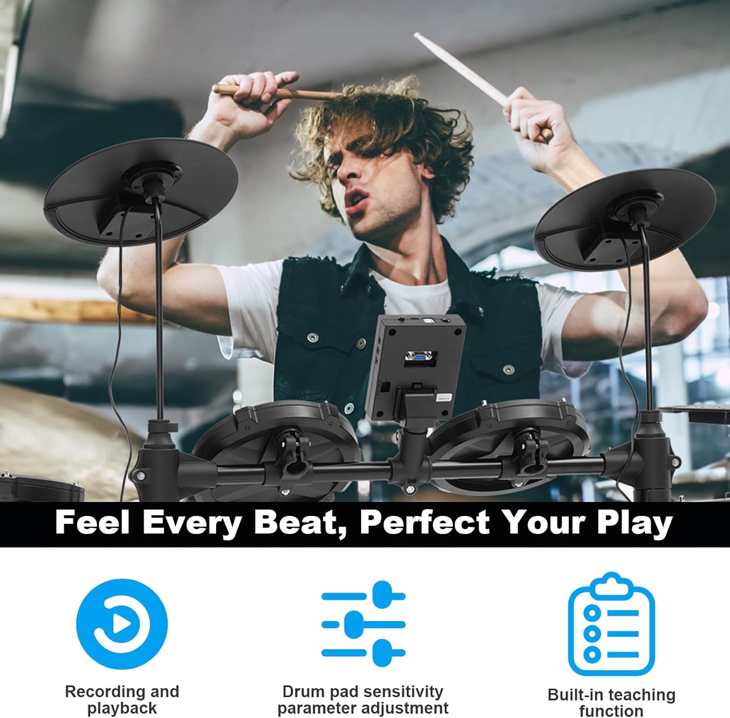 RVONE Electric Drum Set with Kick Hammer Pedal, Electronic Drum Kit for Kids Adult Beginner with 150 Sounds, 10