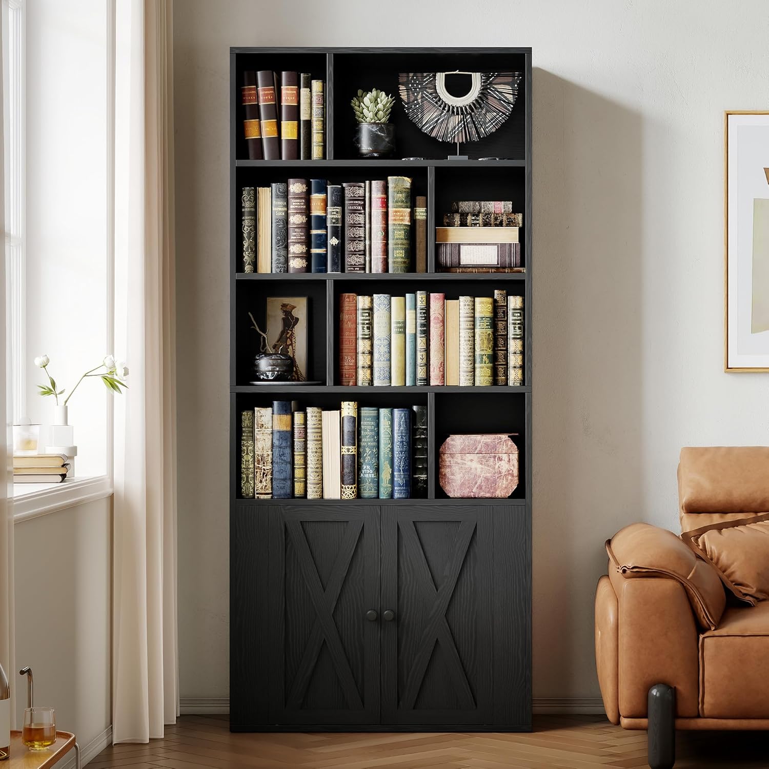 IRONCK Book Shelf, Tall Bookshelf with Storage, Bookshelves and Bookcases with Doors, 4-Tier Bookcase with 8 Open Cubes for Living Room, Office, Study, Black