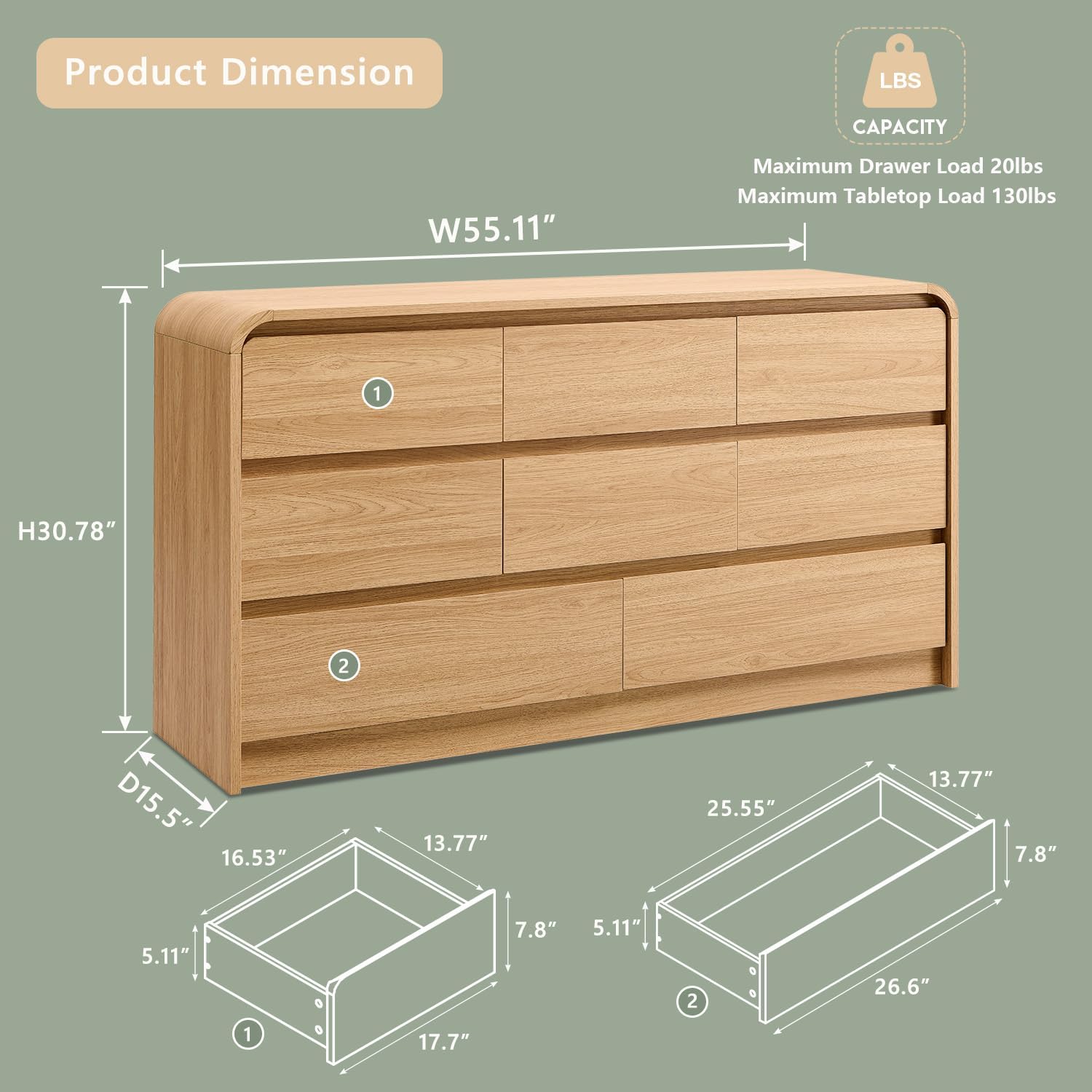 Aitjunz Modern 8 Drawers Dresser for Bedroom, 55