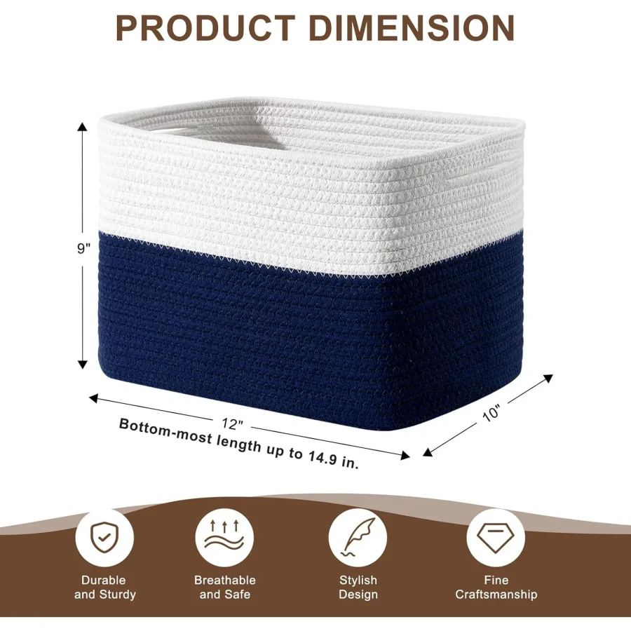Rope Storage Bins - 12'x10'x9' Decorative Woven Basket with Handles, for Blankets, Laundry & Home Shelves (4 Pack, White & Navy Blue)