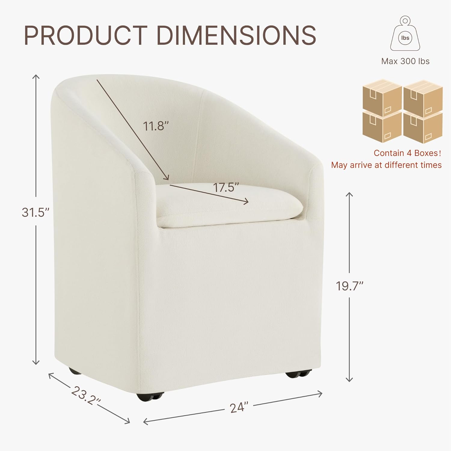 KISLOT Upholstered Dining Chairs with Casters, Washable Cover Modern Dining Room Chairs with Barrel Backrest & Dual Armrest for Kitchen, Living Room, Bedroom, Linen Fabric, 4PCS