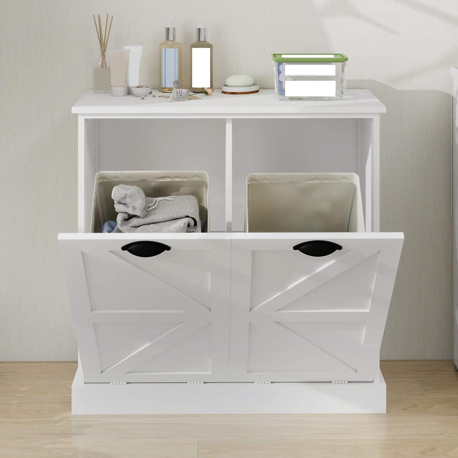 Modern Contemporary Laundry Sorter Cabinet, Two-Compartment Tilt-Out, for Bathroom Living Room Hallway