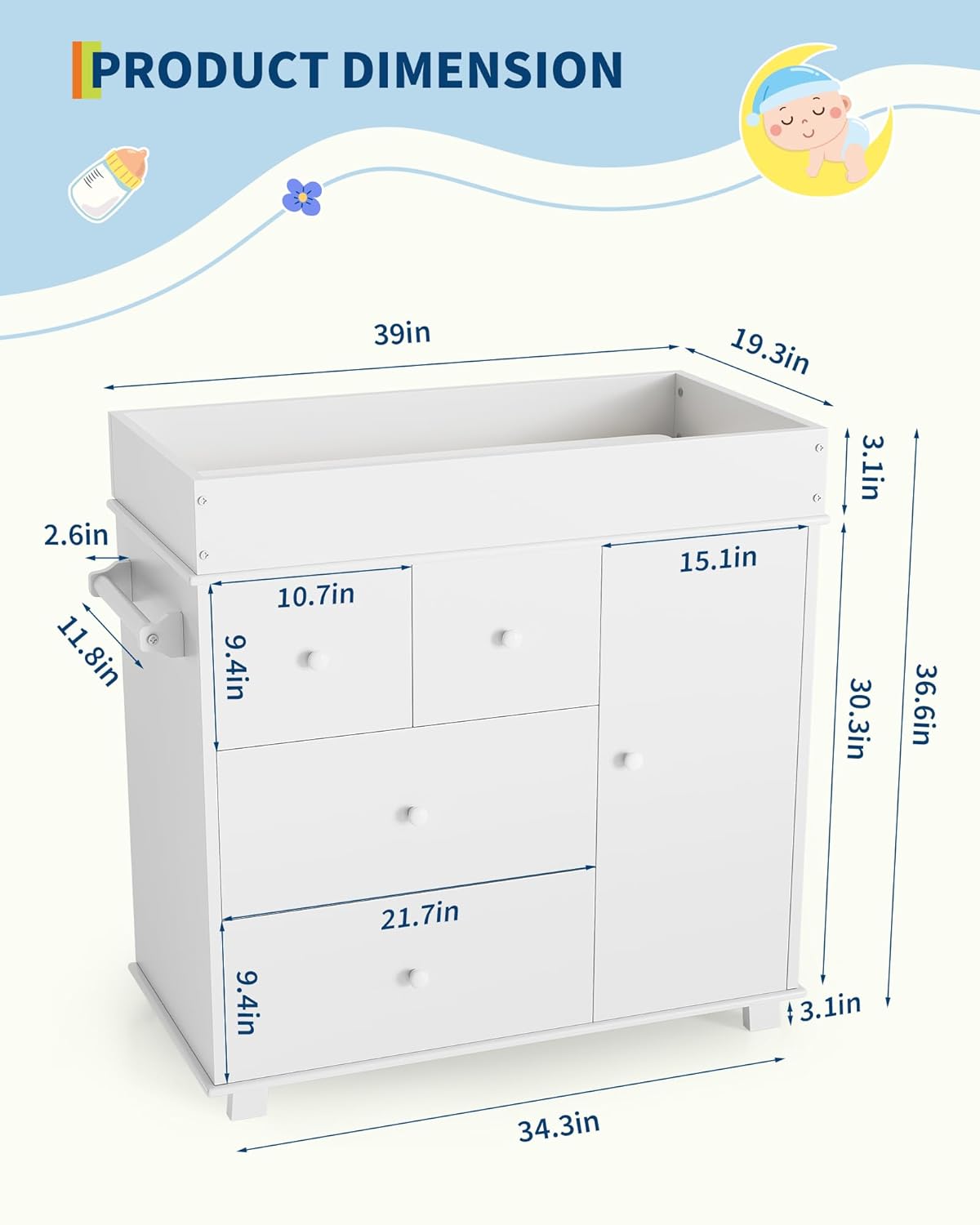 Baby Changing Table Dresser, Modern Diaper Changing Station with 5 Drawers,Multi-Functional Infant Nursery Baby Dresser with Pad,Storage Crib for Bedroom,Children's Room, White