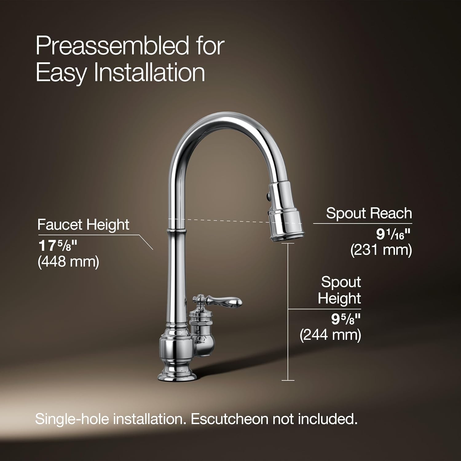 KOHLER 99260-CP Artifacts Single-Hole Kitchen Sink Faucet with 17-5/8 in. Pull-Down Spout and 3-Function Sprayhead, Polished Chrome