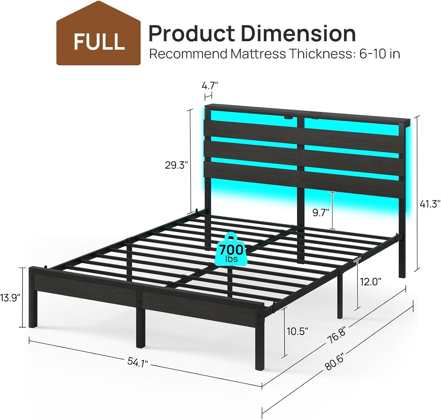 Rolanstar Full Size Bed Frame with USB Charging Station, LED Bed Frame with Wood Storage Headboard, Black Metal Platform Bed with Under Bed Storage, No Box Spring Needed, Noise Free