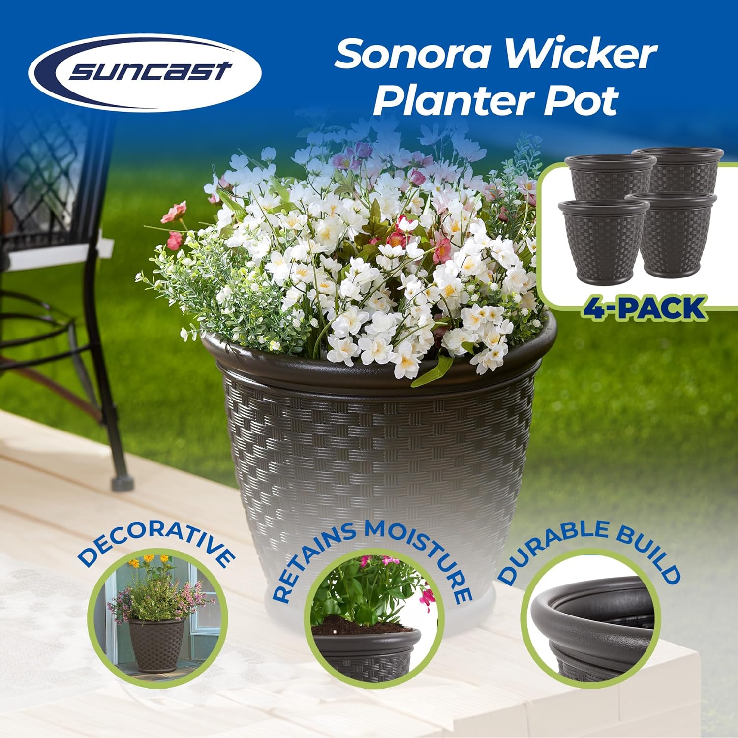 Suncast 4 Pack Sonora 18 Inch Lightweight Durable Plastic Wicker Decorative Flower Planter Pot for Yard, Garden, Indoor or Outdoor Use, Brown