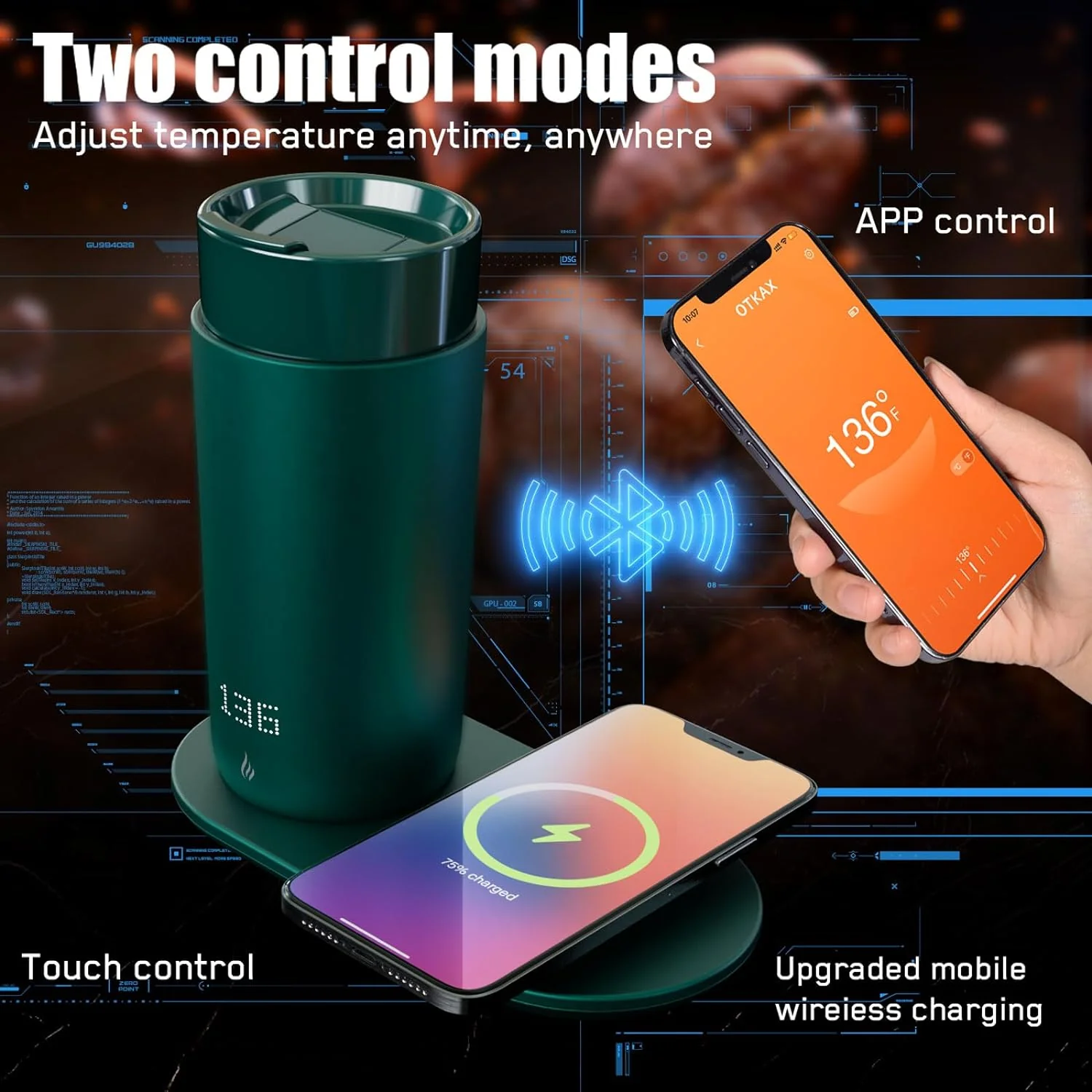 Temperature Control Heated Coffee Mug Smart Self Heating Travel Mug 12 Oz App Controlled Warmer Mug 5 Hour LED Display Keep Coffee Hot All Day up to 149℉ Fast Wireless Charger Base Black2.0