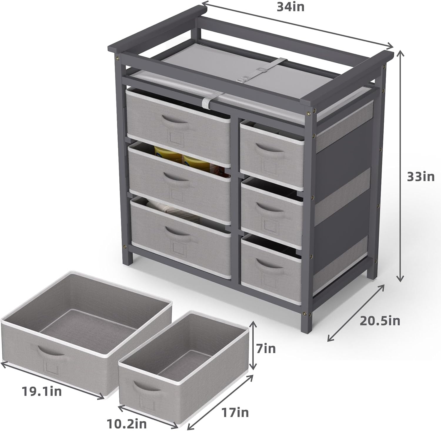 KORIMEFA Modern Baby Changing Table, Diaper Changing Table, with 6 Storage Drawers and Changing Pad, Grey