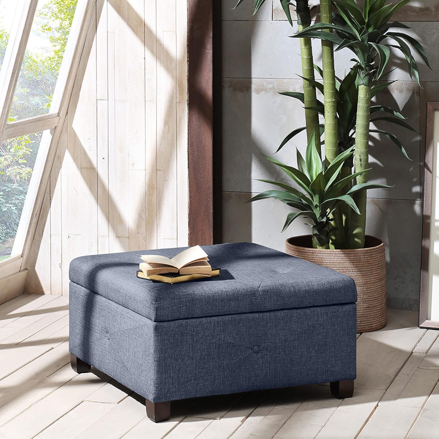 Madison Park Aspen Square Storage Ottoman Bench, Upholstered Textured Fabric Button Tufted Chest with Solid Wood Legs, Accent Furniture for Bedroom Décor, Blue