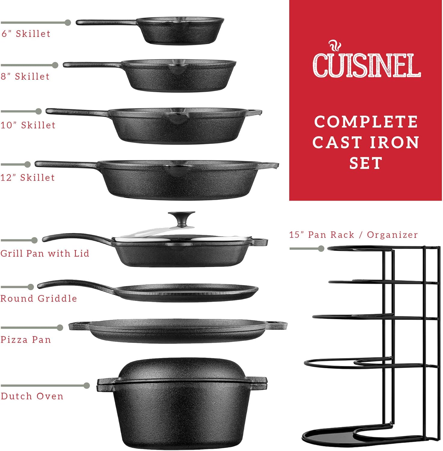 Cuisinel Cast Iron Cookware 18-Piece Set - Pre-Seasoned 6