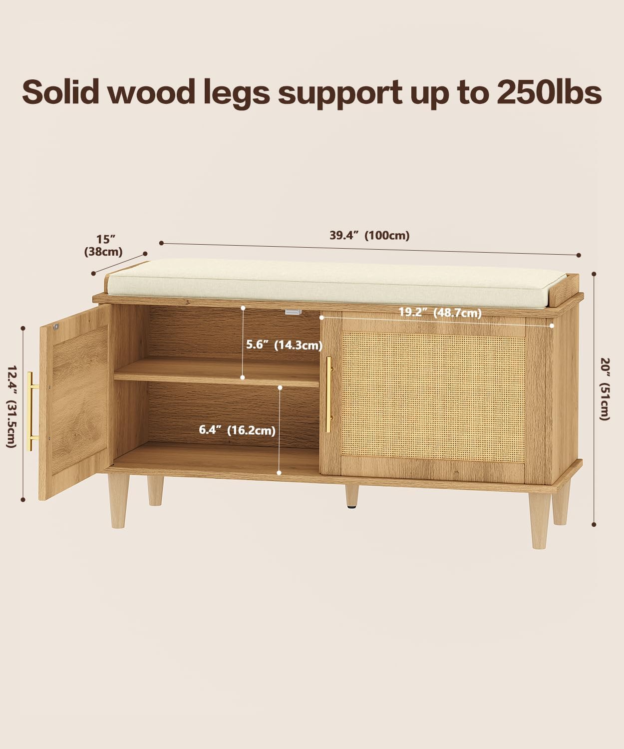Akxomel Rattan Shoe Storage Bench with Cushion, 2-Tier Entryway Bench with Adjustable Shelves and 2 Doors, 15