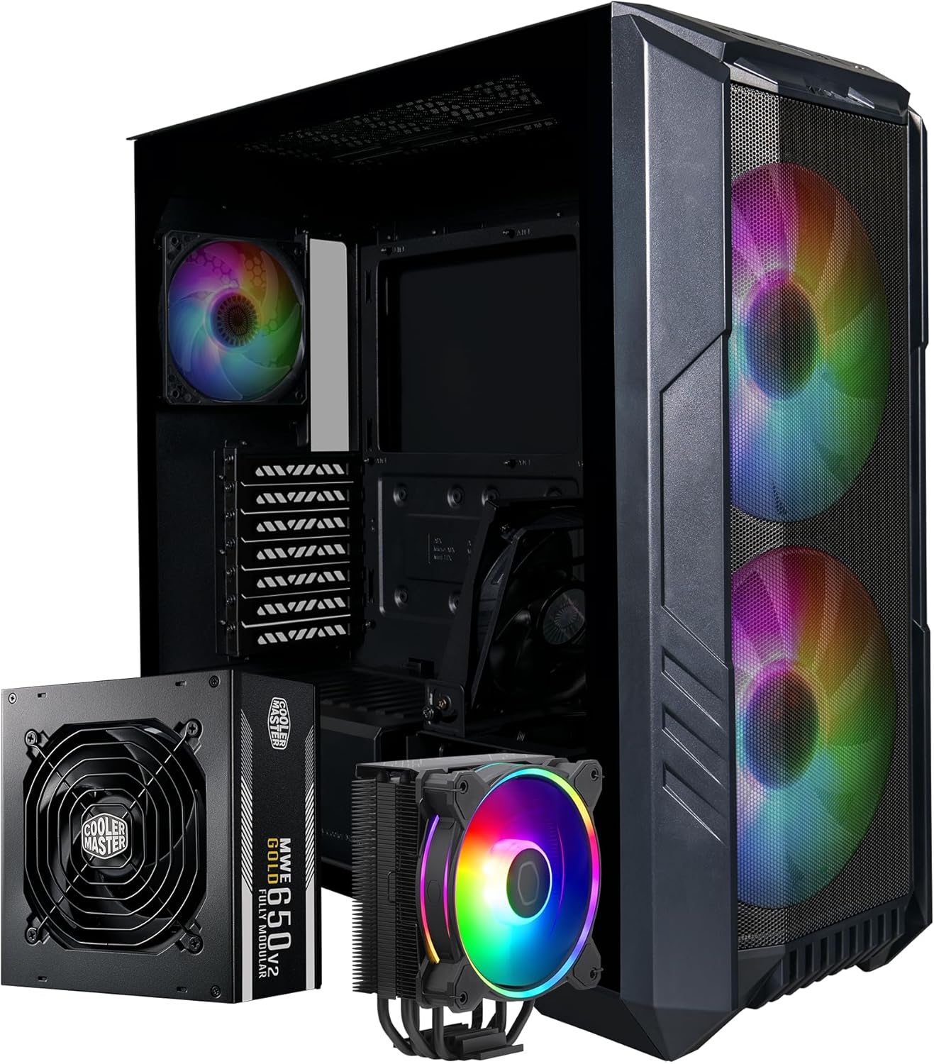 Cooler Master HAF 500 Pro Bundle – PC Case + PSU + CPU Cooler, High Airflow ATX Mid-Tower PC Case with Dual 200mm ARGB Fans + Hyper 212 Halo CPU Air Cooler + MWE 650W Gold Power Supply