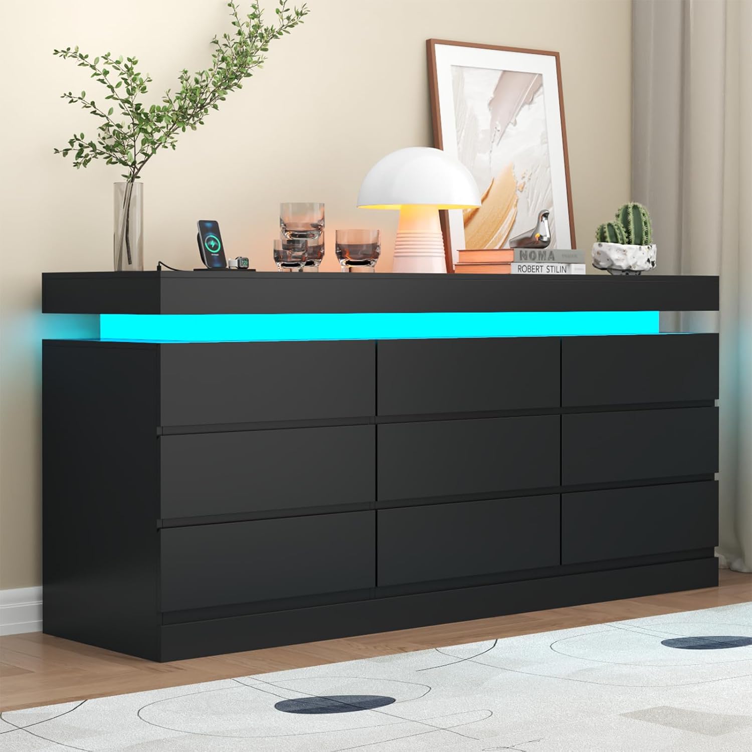 Gyfimoie 9 Drawer Dresser with Power Outlet, Dresser with LED Light, Modern Chest of Drawers for Closet, Double Wide Drawer Organizer Cabinet for Bedroom, Living Room (Black, 9 Drawers)