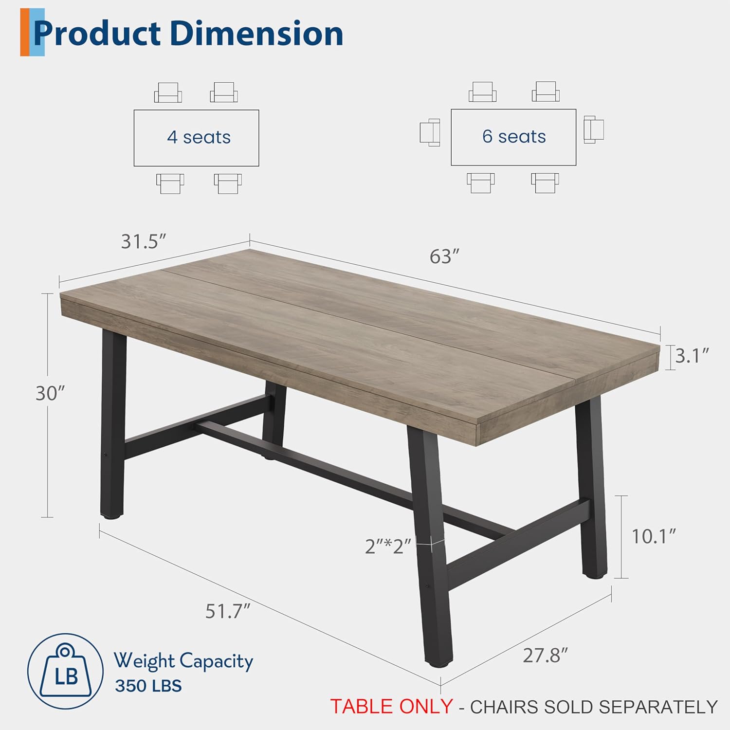 GarveeHome Industrial Dining Table for 4-6 People, 63 in Long Wooden Kitchen Table with Sturdy Metal Frame & Grey Finish - Seats 4 Rectangular Counter for Dinner, Kitchen, Dining Room - Grey