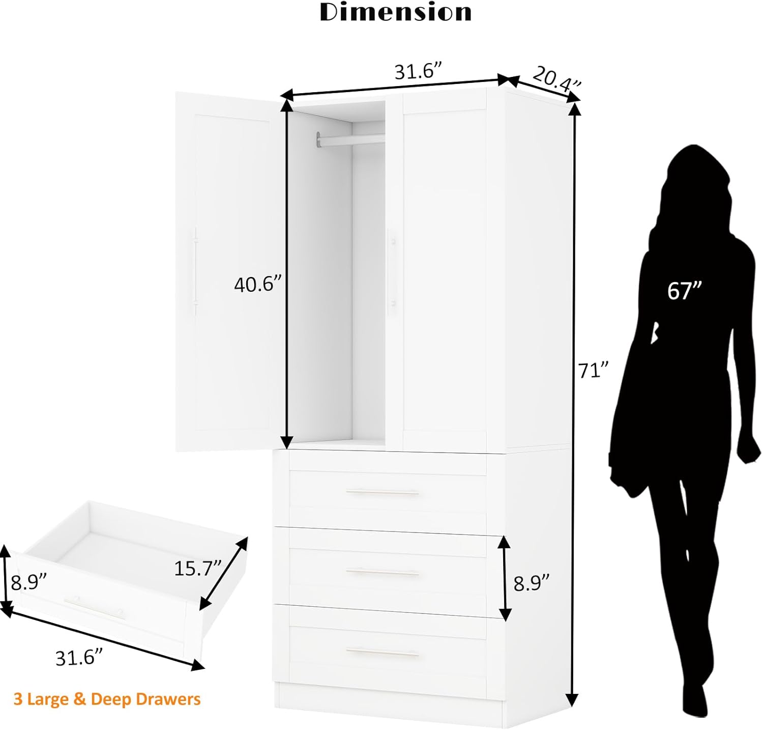 Armoire Wardrobe Closet with 3 Deep Drawers and Doors 71