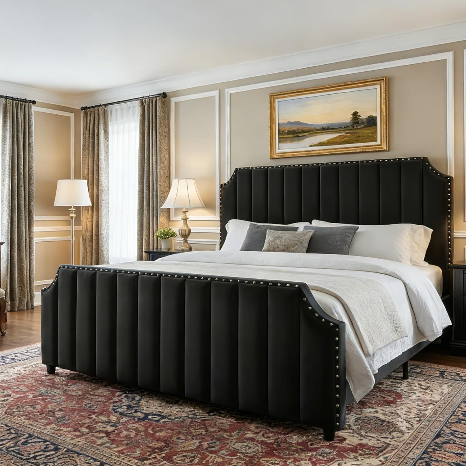 Queen Velvet Bed Frame, Metal Platform Bed Frame with Nailhead Trim, 50.2 in Tall Headboard, Footboard, Sturdy Wooden Slats Support, Noise Free(Black, Queen)