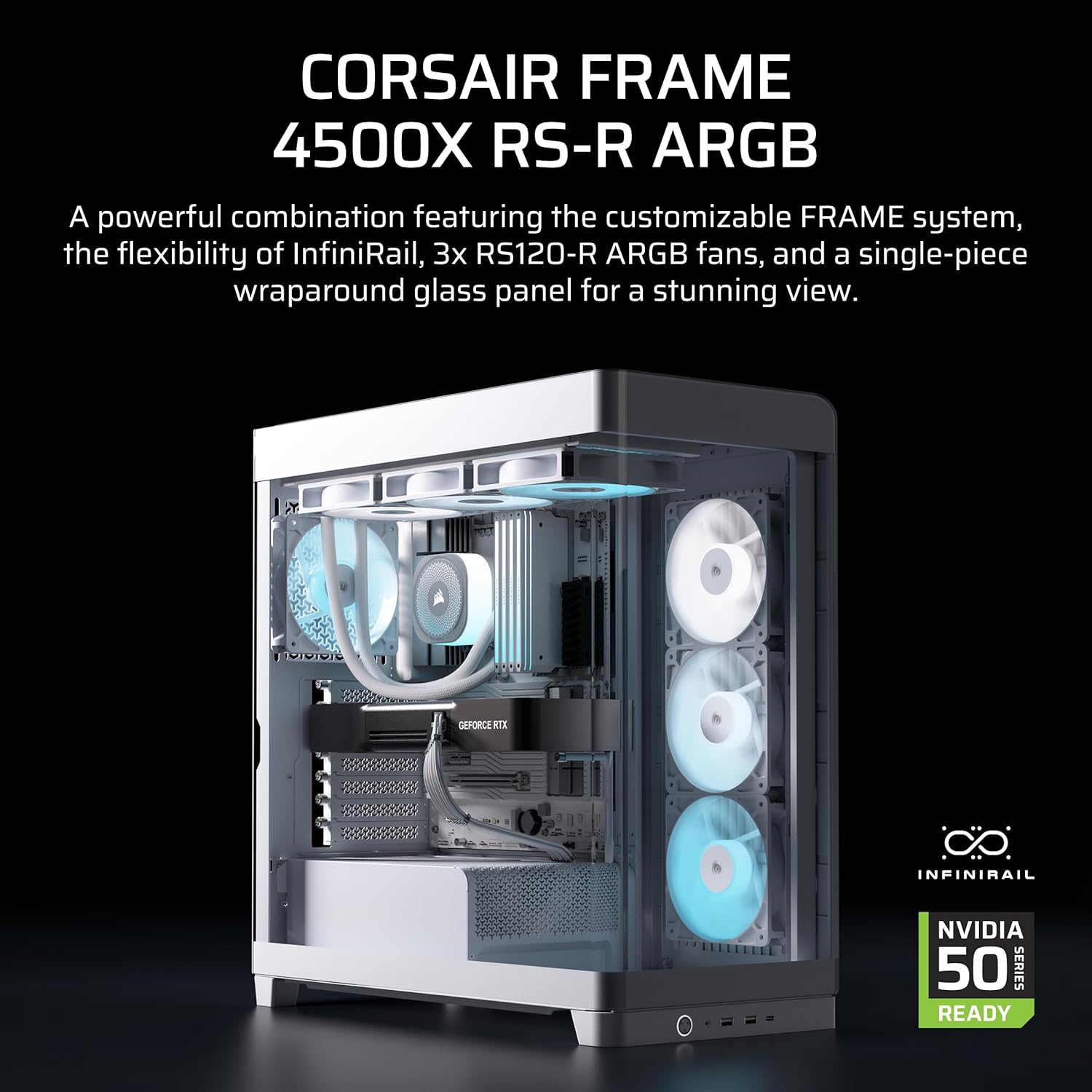 CORSAIR Frame 4500X RS ARGB Panoramic Mid-Tower PC Case – 3X Pre-Installed Fans, High Airflow, Modular Design, GPU Anti-Sag, Reverse Connection Motherboard Compatible – White