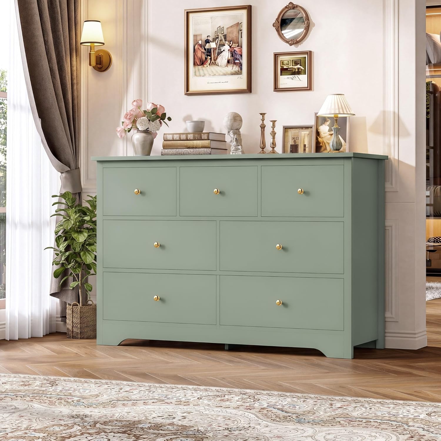 FOTOSOK Green Dresser 7 Drawer with 19'' Deeper Depth, 47.2'' Green Chest of Drawers Modern Dresser with Metal Handles, Dresser Chest of Drawers with Large Drawer Storage Space for Home
