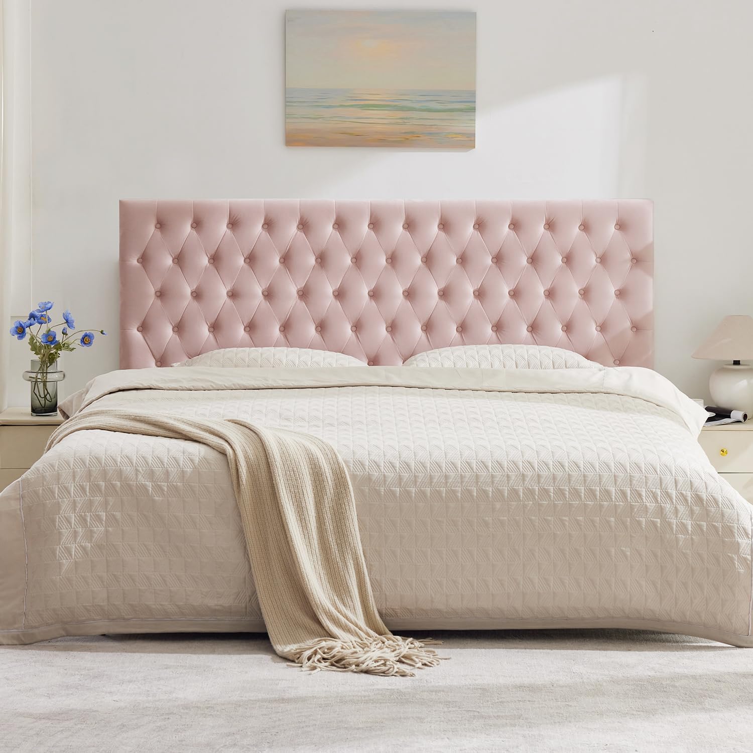 Kingfun Upholstered King Headboard Only, Premium Velvet Button Tufted Headboards, Adjustable Solid Wood Head Board, Padded Headboard with Solid Wood Legs in Bedroom (Pink)
