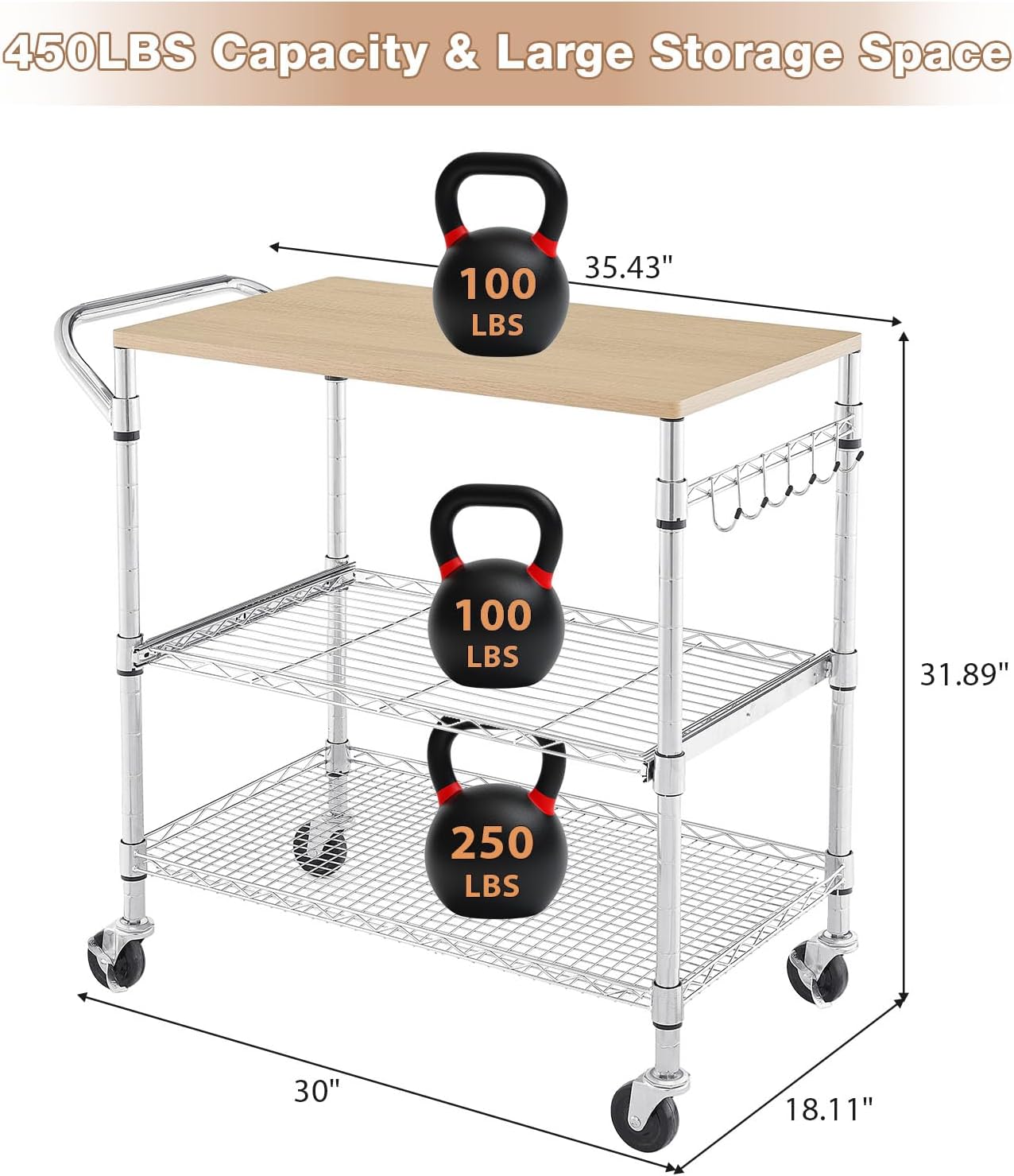 3 Tier Rolling Kitchen Cart with Wood Tabletop, Kitchen Island Carts with Wheels & Slider Shelf, Microwave Cart on Wheels, Coffee Cart with Hooks, 35.4