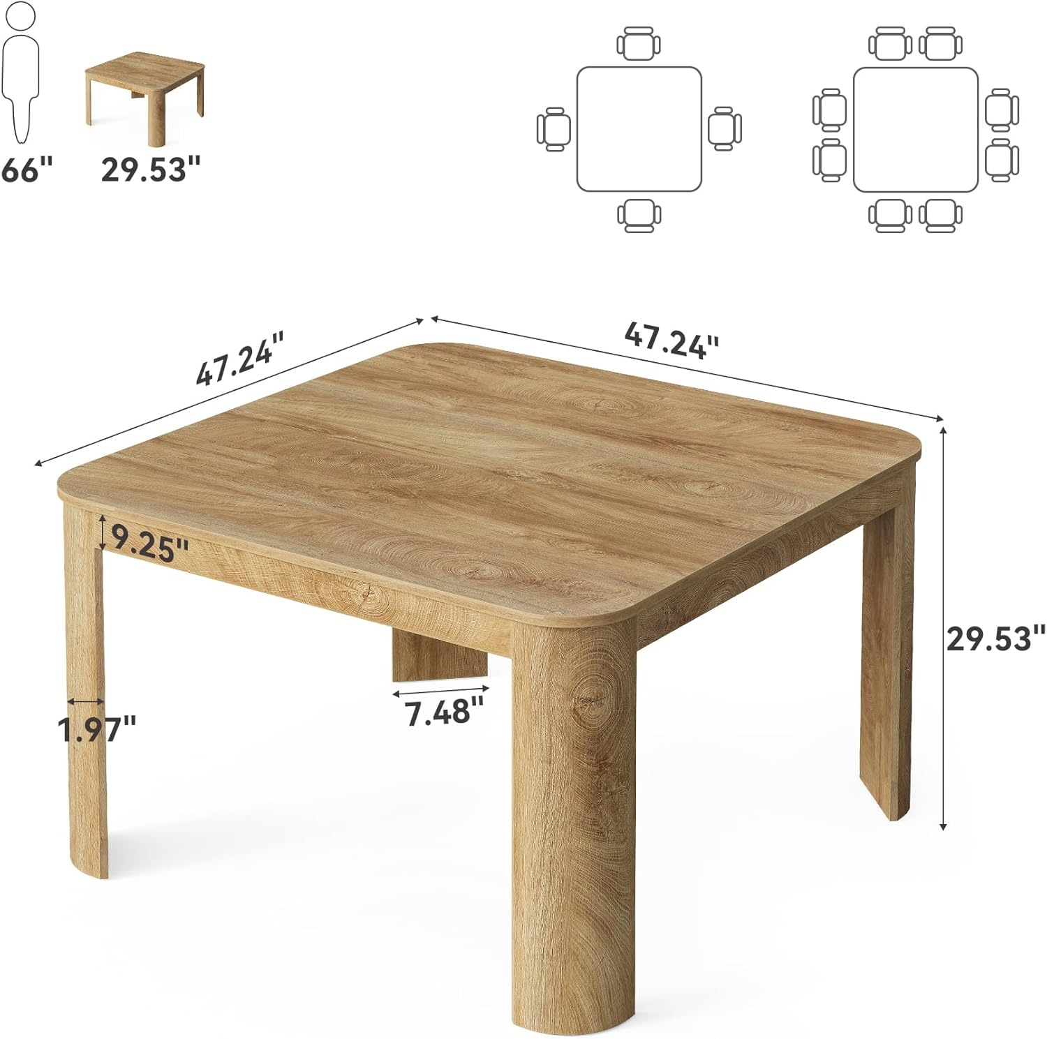 LITTLE TREE Square Dining Table with Rounded Corners, Modern 47