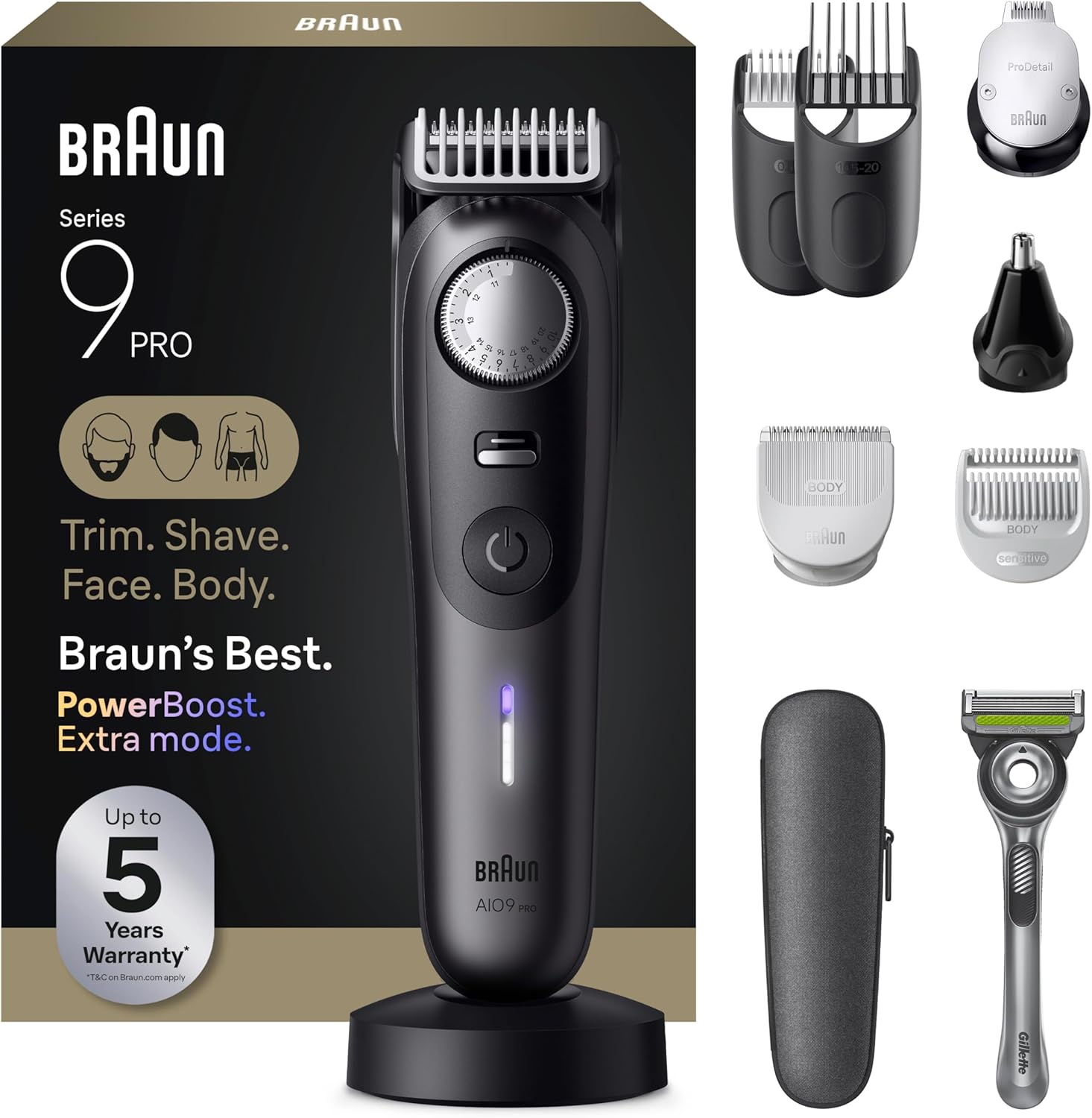 Braun Series 9 PRO All-in-One Beard & Body Grooming Kit for Men, Cordless Trimmer, Hair Clippers & Shaver for Face, Hair & Body with Gillette Labs Razor, AIO 9555