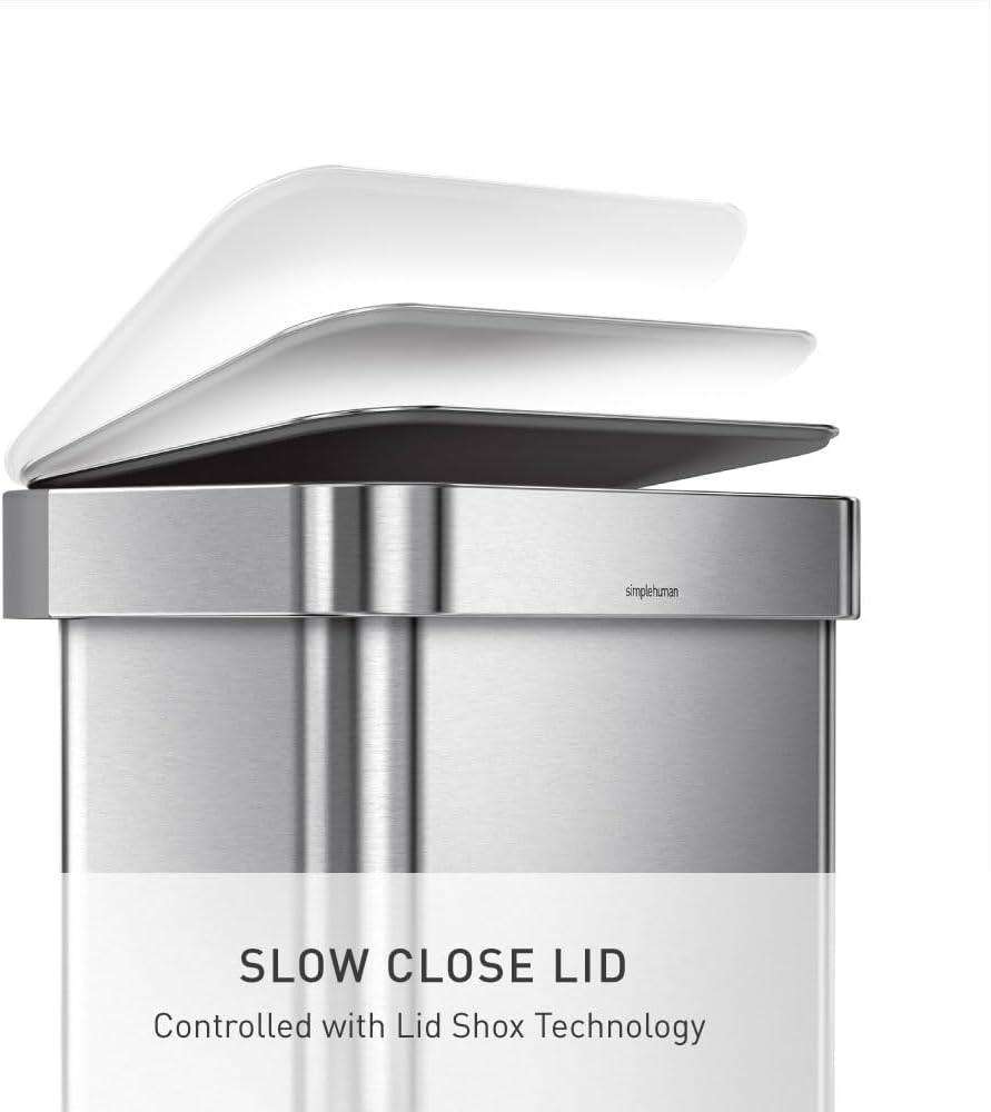 simplehuman Rectangular Step Can, 45L / 12 Gallon Kitchen Trash Can, Liner Rim System, Liner Pocket®, 150,000-Step Pedal, Lid Shox® Silent Close, Brushed Stainless Steel with Grey Plastic Lid