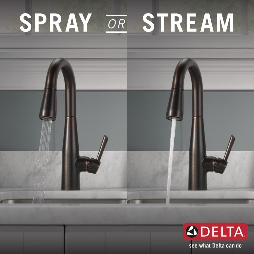 Delta Essa Oil Rubbed Bronze Bar Sink Faucet with Pull Down Sprayer, Modern Single Hole Prep Sink Faucet, Single Handle, Venetian Bronze 9913-RB-DST