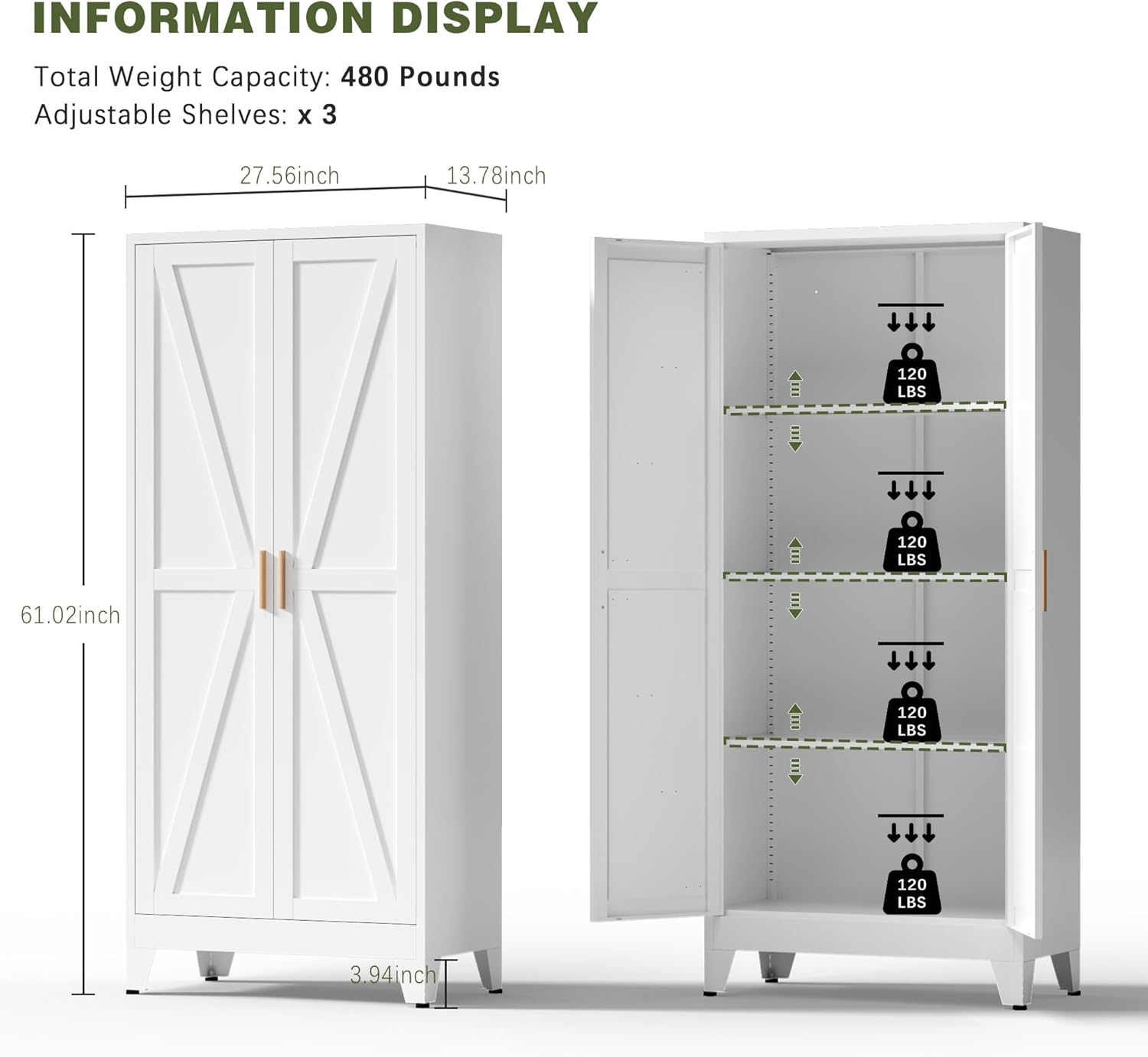 COFaR White Farmhouse Storage Kitchen Pantry Cabinet with 2 Barn Door, 3 Adjustable Shelves and Legs, for Cupboard/Dining Room/Bathroom/Living Room/Office/Laundry Room (White, 61