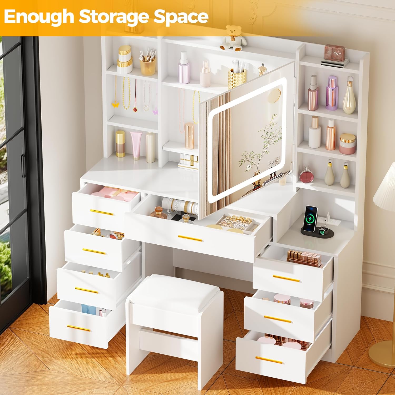 BEWISHOME Large Vanity Desk with Mirror and Lights,White Makeup Vanity Table with Power Outlet,Makeup Desk with 8 Drawers,7 Open Shelves,12 Hooks,Nightstand and Stool,Dressing Table for Bedroom FST53W