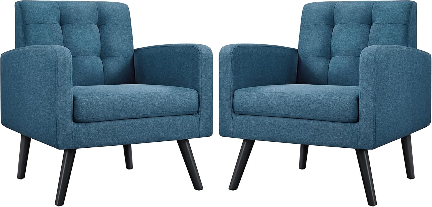 Yaheetech Mid-Century Accent Chairs, Modern Upholstered Living Room Chair, Cozy Armchair Button Tufted Back and Wood Legs for Bedroom/Office/Cafe, Set of 2, Navy Blue