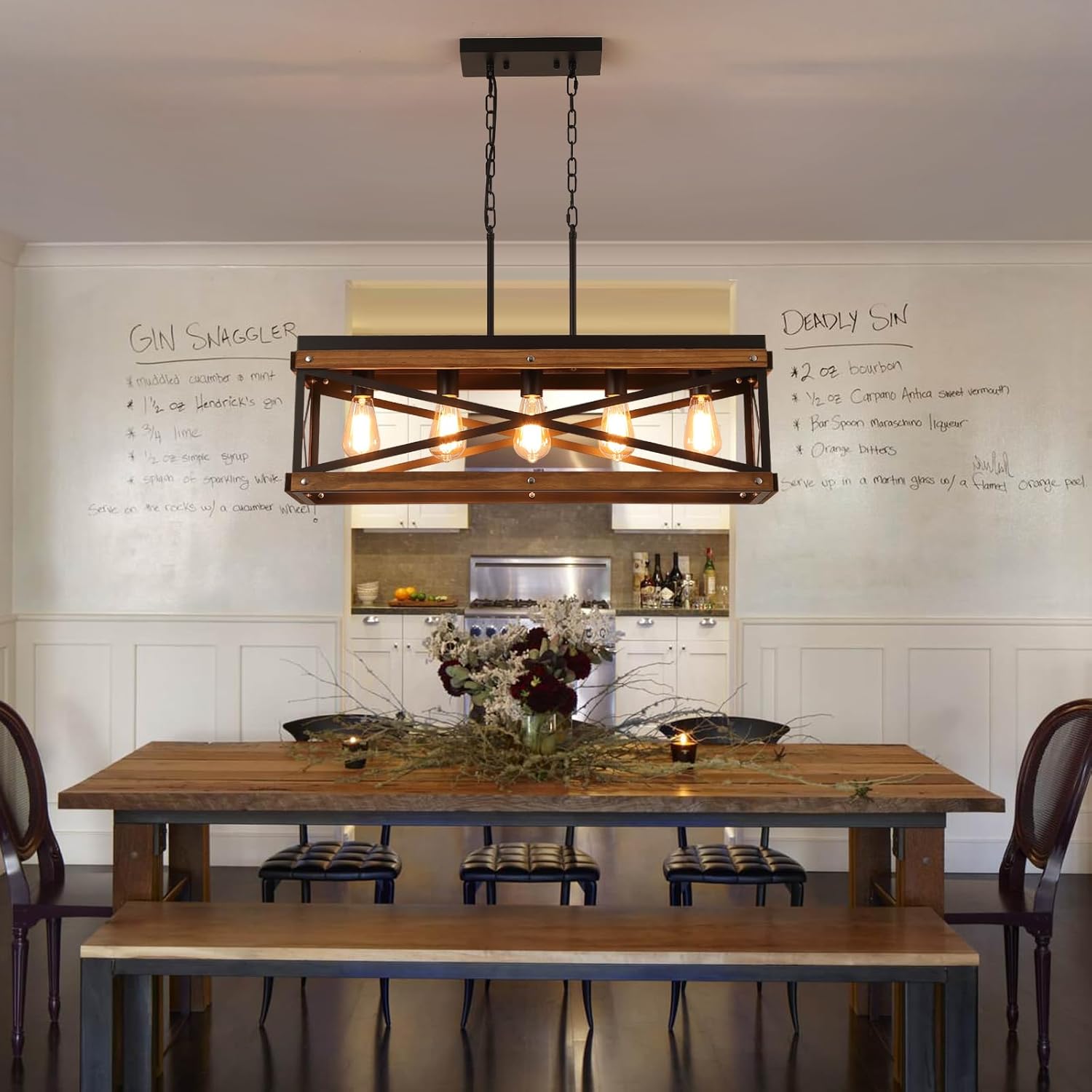 Rustic Farmhouse Wood Kitchen Island Lighting, 5 Lights Rectangular Pendant Light Fixture, Adjustable Chain Oak Wood and Metal Linear Chandelier for Dining Room Kitchen Island Farmhouse, Black