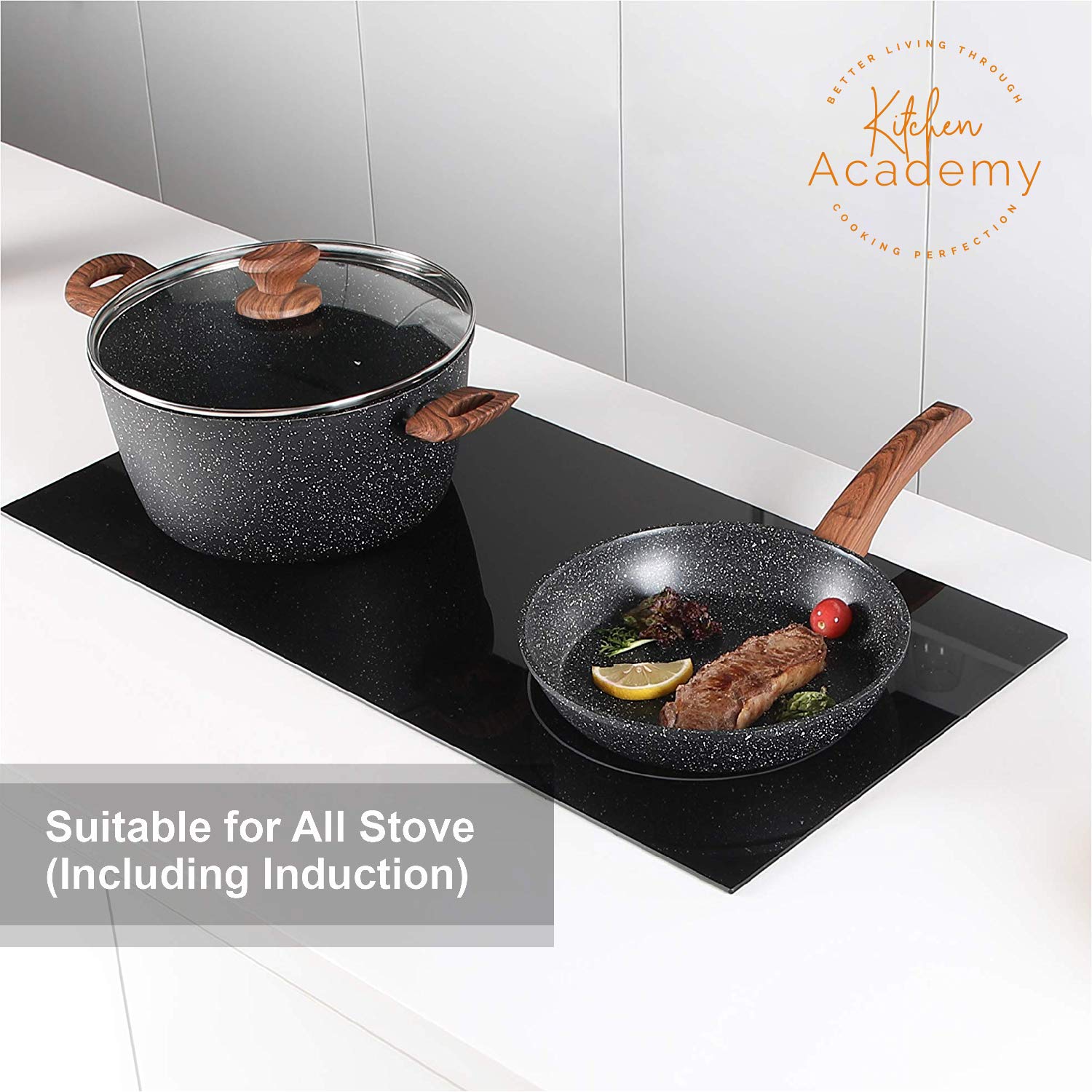 KITCHEN ACADEMY Induction Cookware Set - 12 Piece Nonstick Pan Set