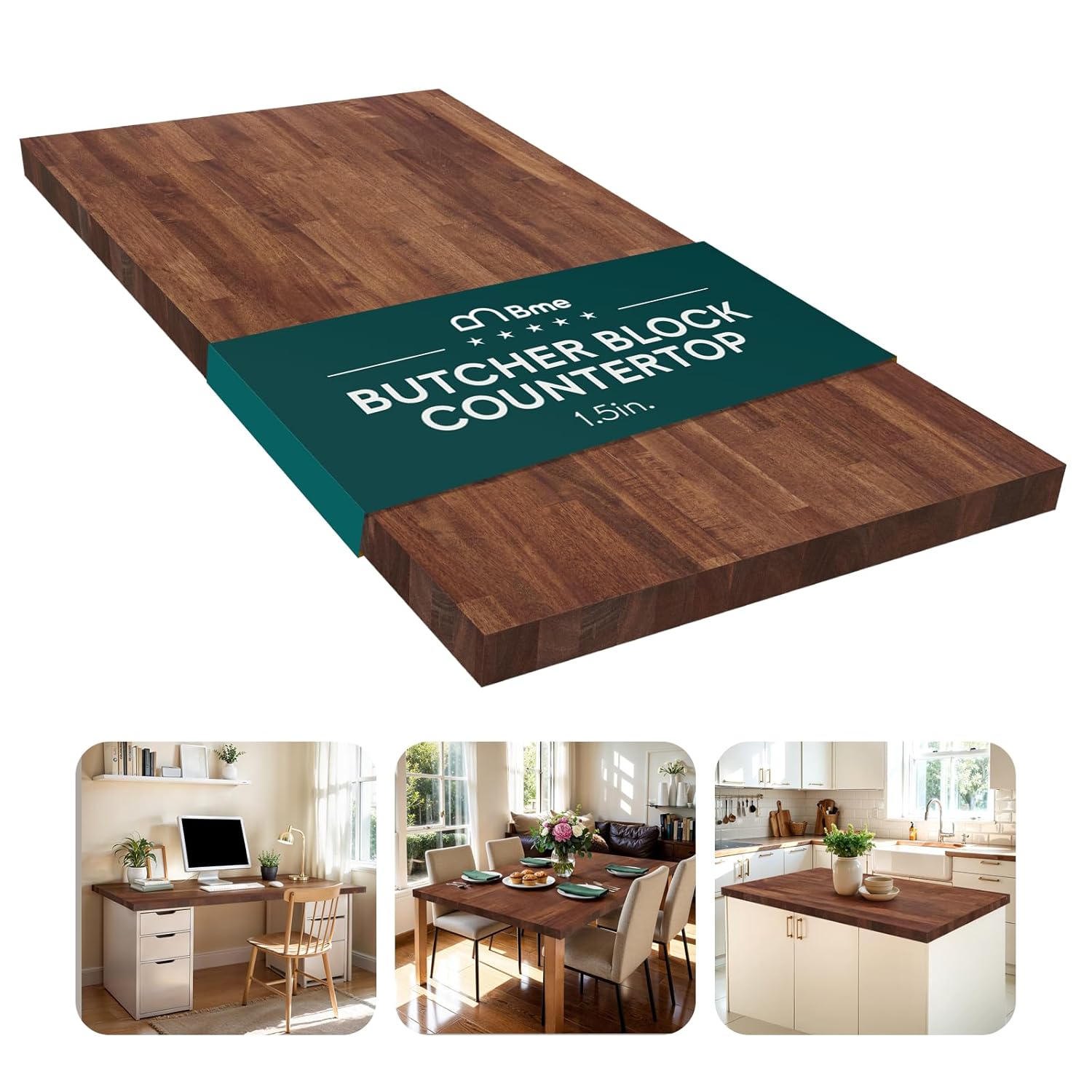 Bme Hevea Solid Wood Butcher Block Countertop, Wood Table Top, Butcher Block Desk Table Top for DIY Kitchen Island, Washer Dryer, or Workstation – Walnut - Finished - 60
