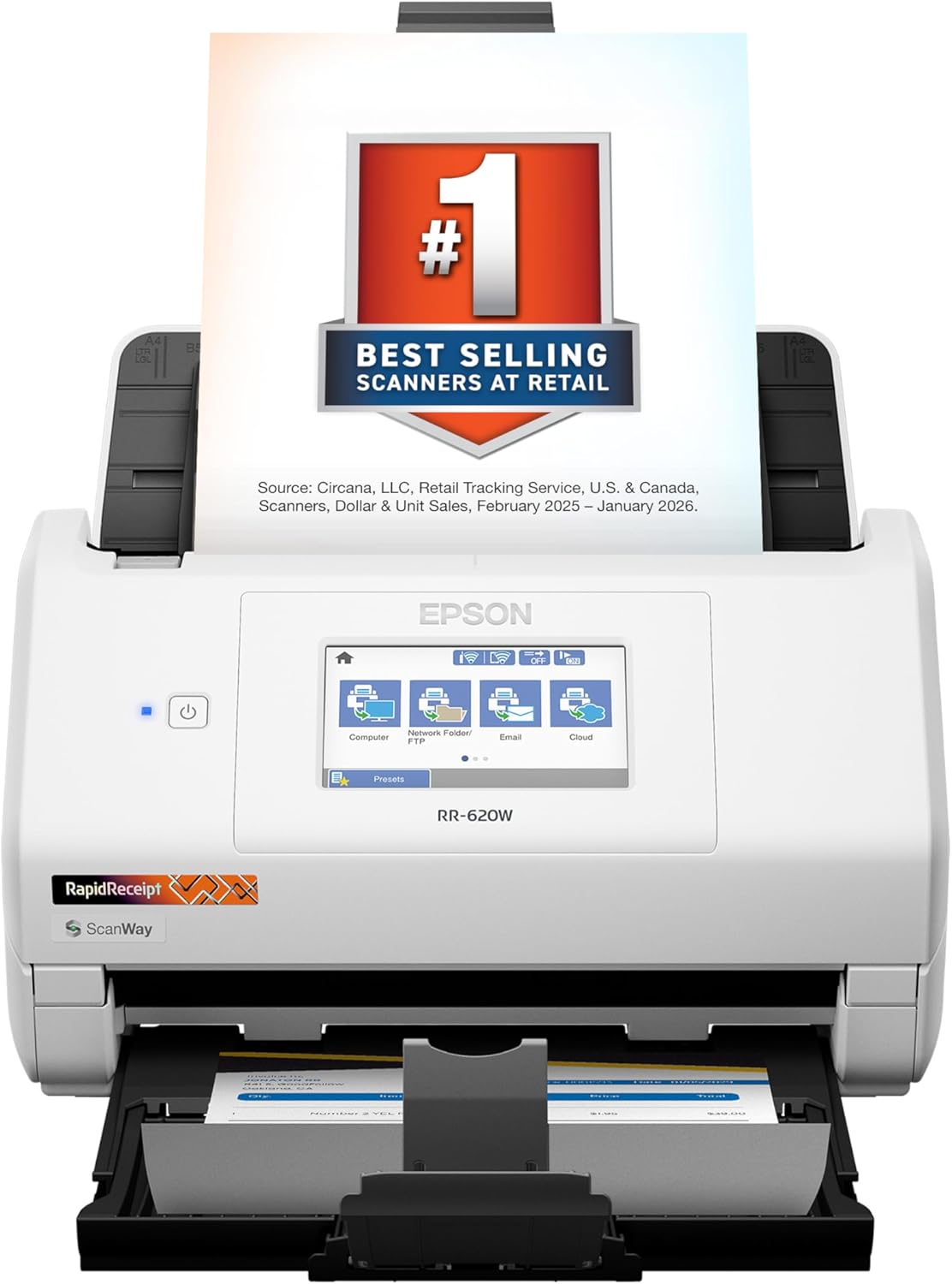 Epson RapidReceipt RR-620W Wireless & USB High-Speed AI & Cloud Ready Desktop Color Duplex Receipt & Document Scanner for Mac & PC, up to 45 ppm, 4.3