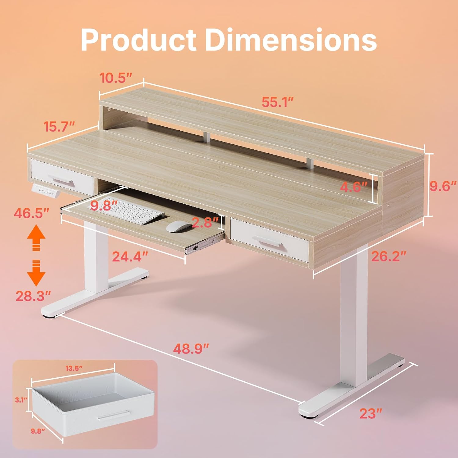 HUANUO 55″ x 26″ Electric Standing Desk with 2 Drawers &24.4″ Large Keyboard Tray, C-Clamp Mount Compatible, Adjustable Computer Desk for Office, Sit Stand Up Desk with 4 Height Presets, Light Walnut