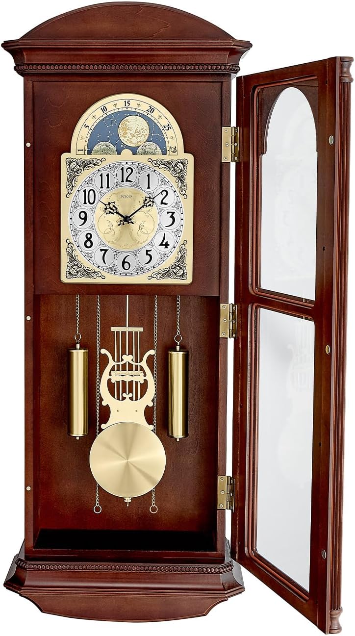 Bulova Litchfield Large Regulator Wall Clock, Model C4332 | Classic Pendulum Design | Harmonic Hourly Chime | Brown Cherry Finish