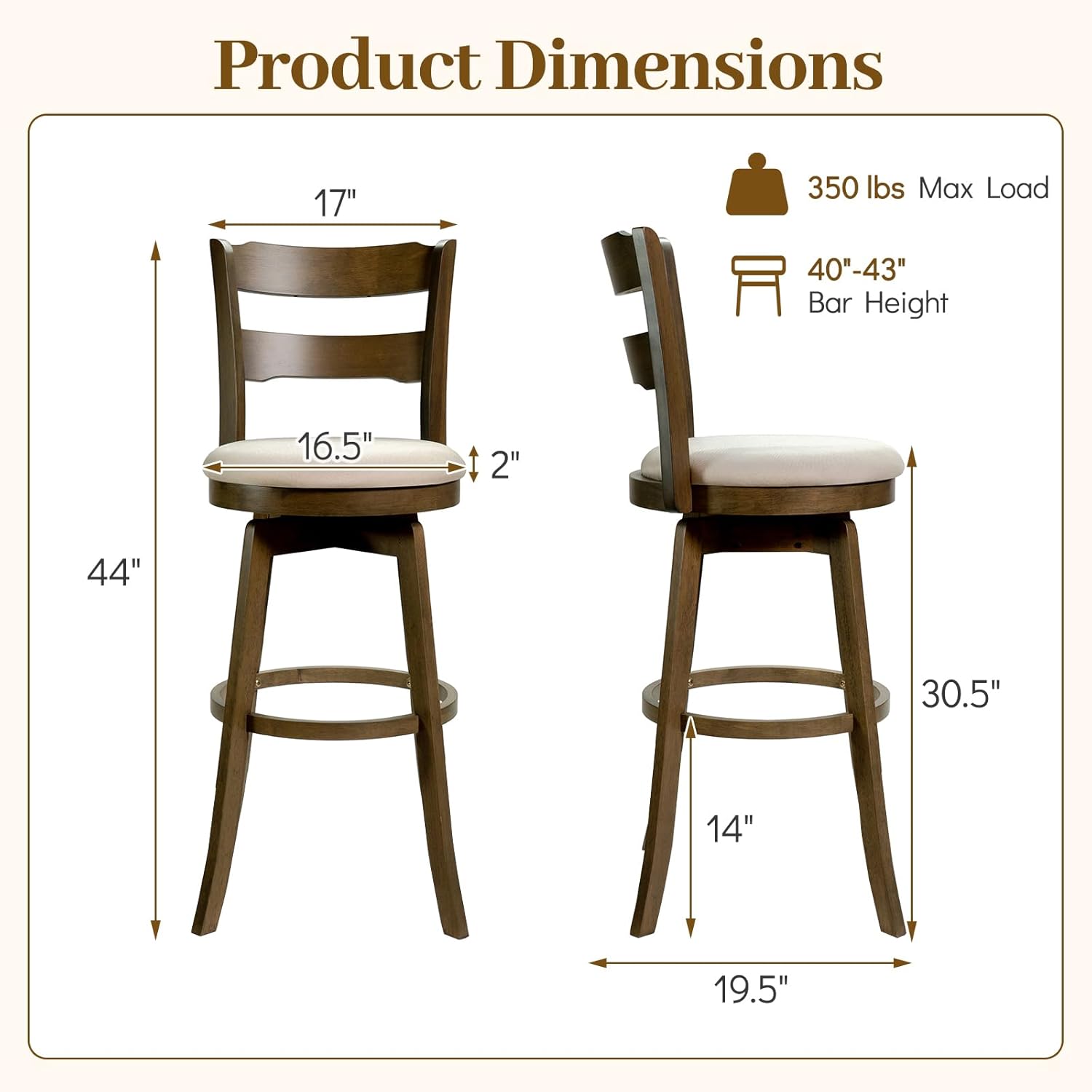 COSTWAY 30.5” Swivel Barstools Set of 2, 360° Rotating Bar Height Chairs with Backrest & Upholstered Seat, Rubber Wood High Top Seats with Footrest for Kitchen Island (2,30.5