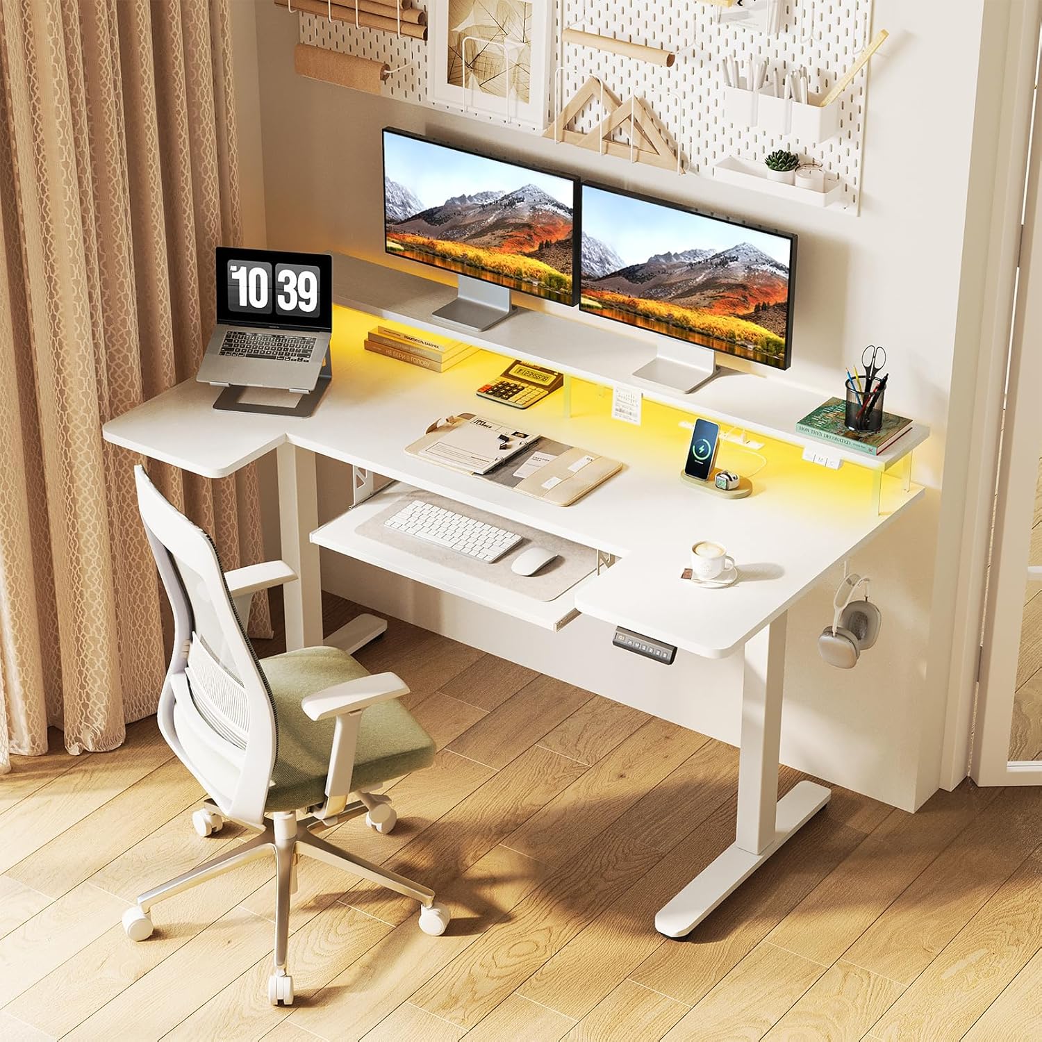 OffiGo U Shaped Electric Standing Desk with Keyboard Tray, 55 Inch Height Adjustable Desk with Power Outlets & LED Lights, Sit Stand Table with Monitor Stand for Home, Office, White