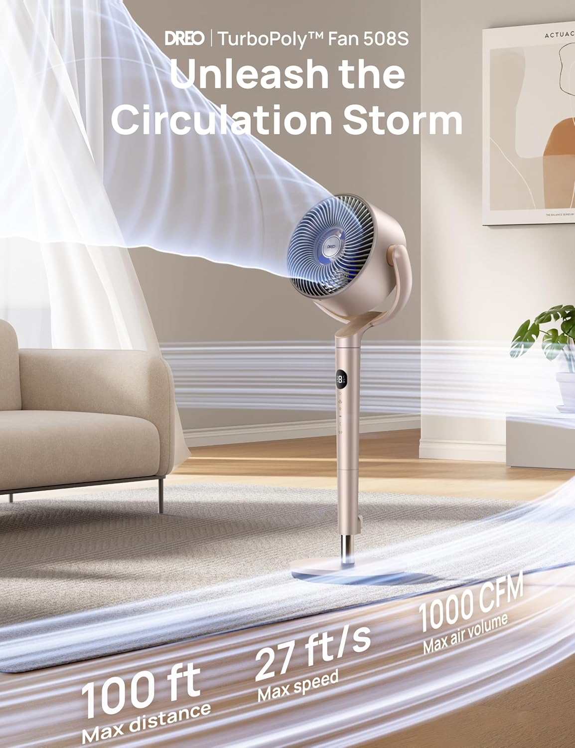 DREO Smart Fans for Bedroom, 120° +120° Omni-Directional Oscillating Fan, 100ft Quiet Pedestal Fan with RGB Light, 9 Speeds, 6 Modes, 20dB, 8H Timer, Wi-Fi/Voice, 35-40