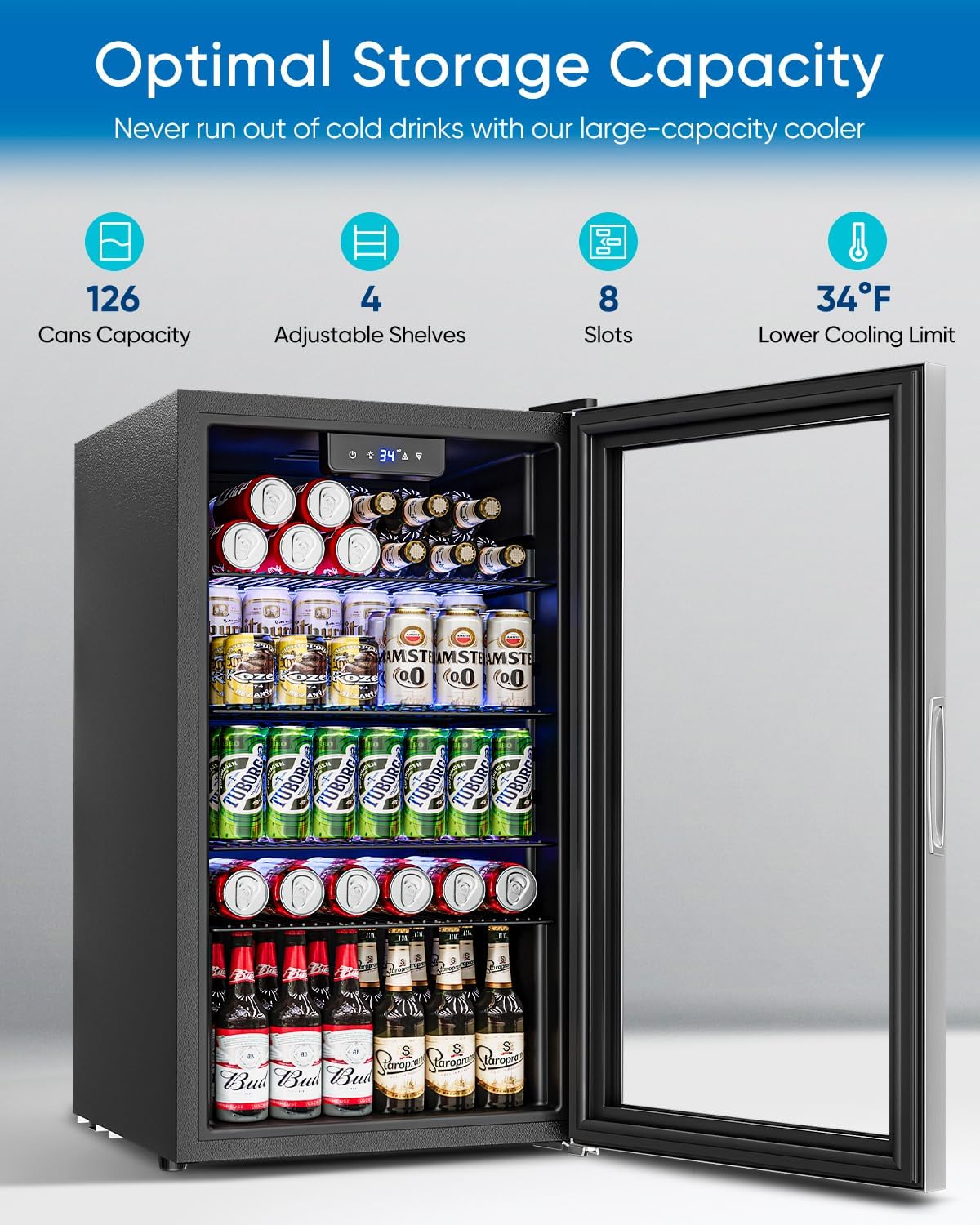 Feelfunn Beverage Refrigerator Cooler - 126 Can Mini Fridge Glass Door for Drinks Soda Beer Wine - Small Refrigerator for Office Bedroom Home Bar, 4 Adjustable Shelves, 3.2 Cu.Ft, Silver