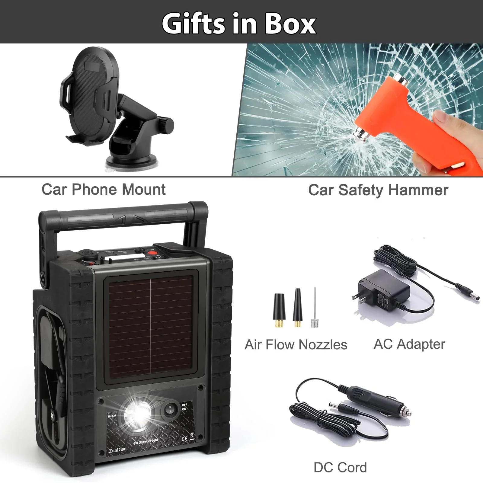 Solar Portable Power Station 2000 Amps Jump Starter, 260 PSI Air Compressor, 12V Car Battery Charger with 400W Inverter Dual AC/DC/USB Output, Emergency Backup Power with Flashlights