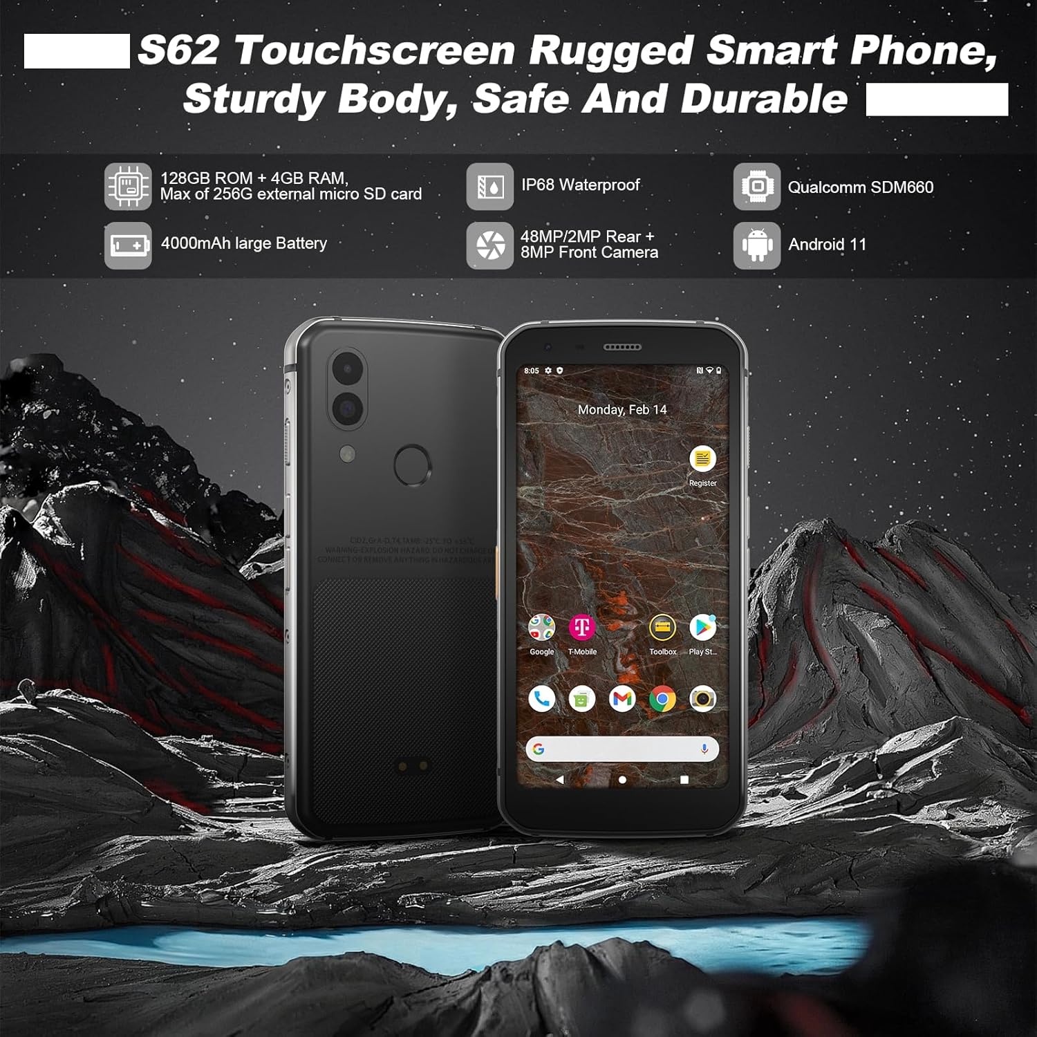 Unifone S62 Unlocked Rugged Cell Phone (128GB, 4GB) 5.7