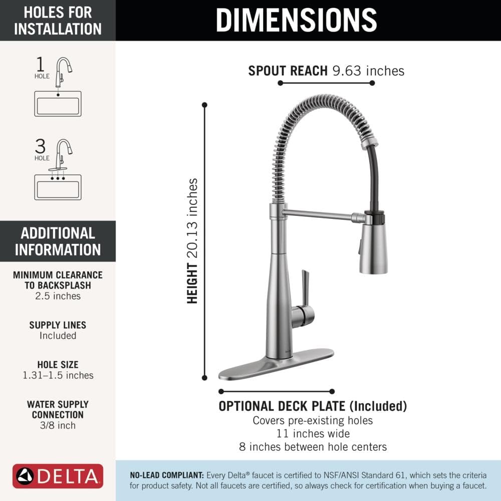 Delta Essa Pro Style Commercial Kitchen Faucet with Pull Down Sprayer, Brushed Nickel Single Hole Kitchen Sink Faucet, Single Handle, Arctic Stainless 9613-AR-DST