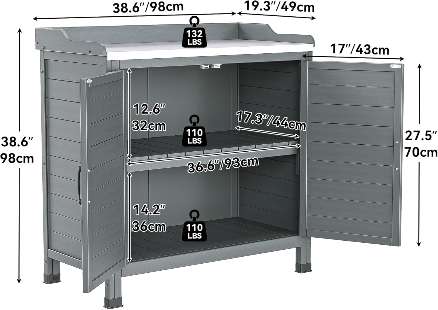 YITAHOME Outdoor Garden Potting Bench with Storage Cabinet, Metal Tabletop & Removable Shelf, Wooden Planting Workstation for Patio, Garden, Yard (Grey)