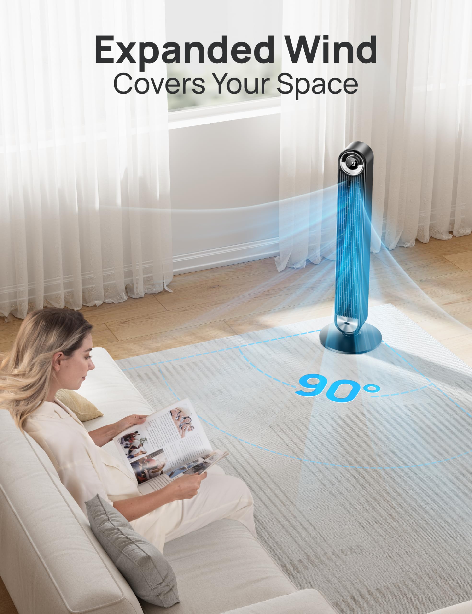 DREO Tower Fan - Ultra-Quiet 9 Speeds Oscillating Stand Fan