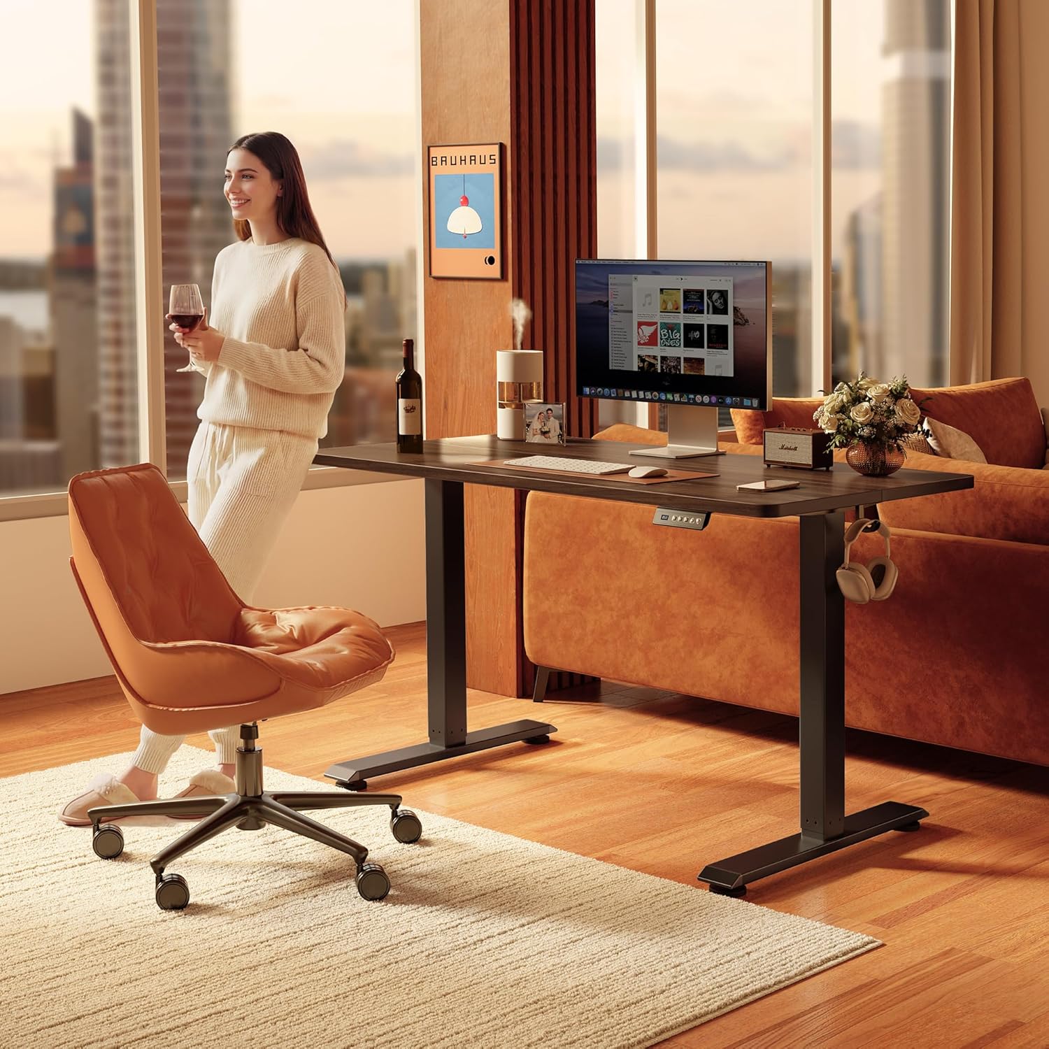FEZIBO 40 x 24 Inchs Electric Standing Desk, Height Adjustable, Sit Stand Up, Computer Office Desk with Splice Board, Black Frame/Black Walnut Top